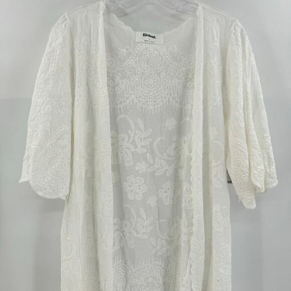 Kindred Boho Embroidered Kimono Coverup Sz L White Open Front Flutter Scallop - Picture 2 of 7